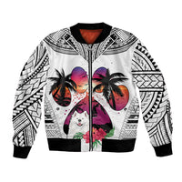 White bomber jacket with black ribbed cuffs, zipper front, Samoyed graphic, palms and sunset print