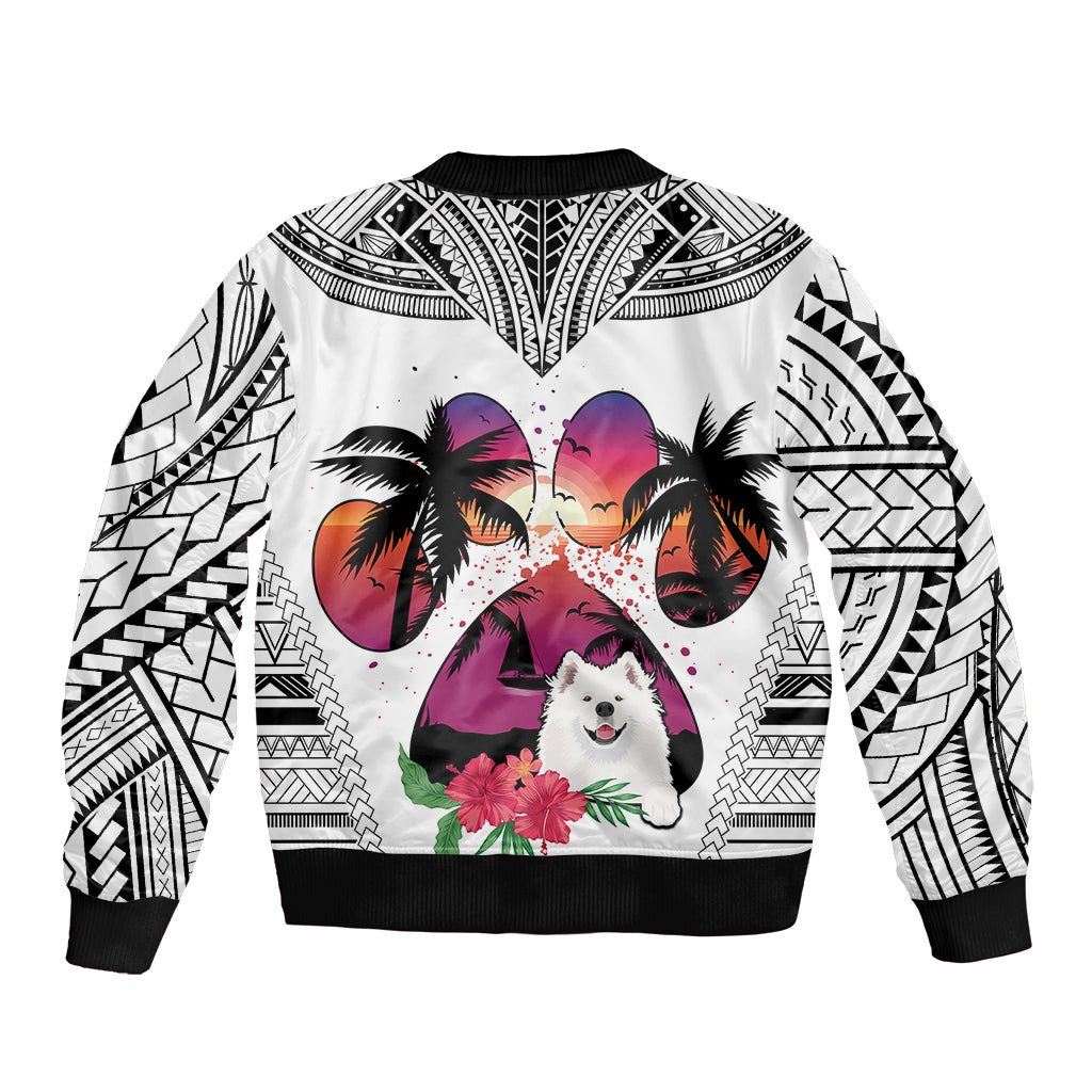 White bomber jacket with black ribbed cuffs, zipper front, Samoyed in floral palms sunset design