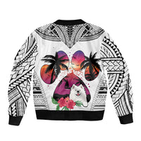 White bomber jacket with black ribbed cuffs, zipper front, Samoyed in floral palms sunset design