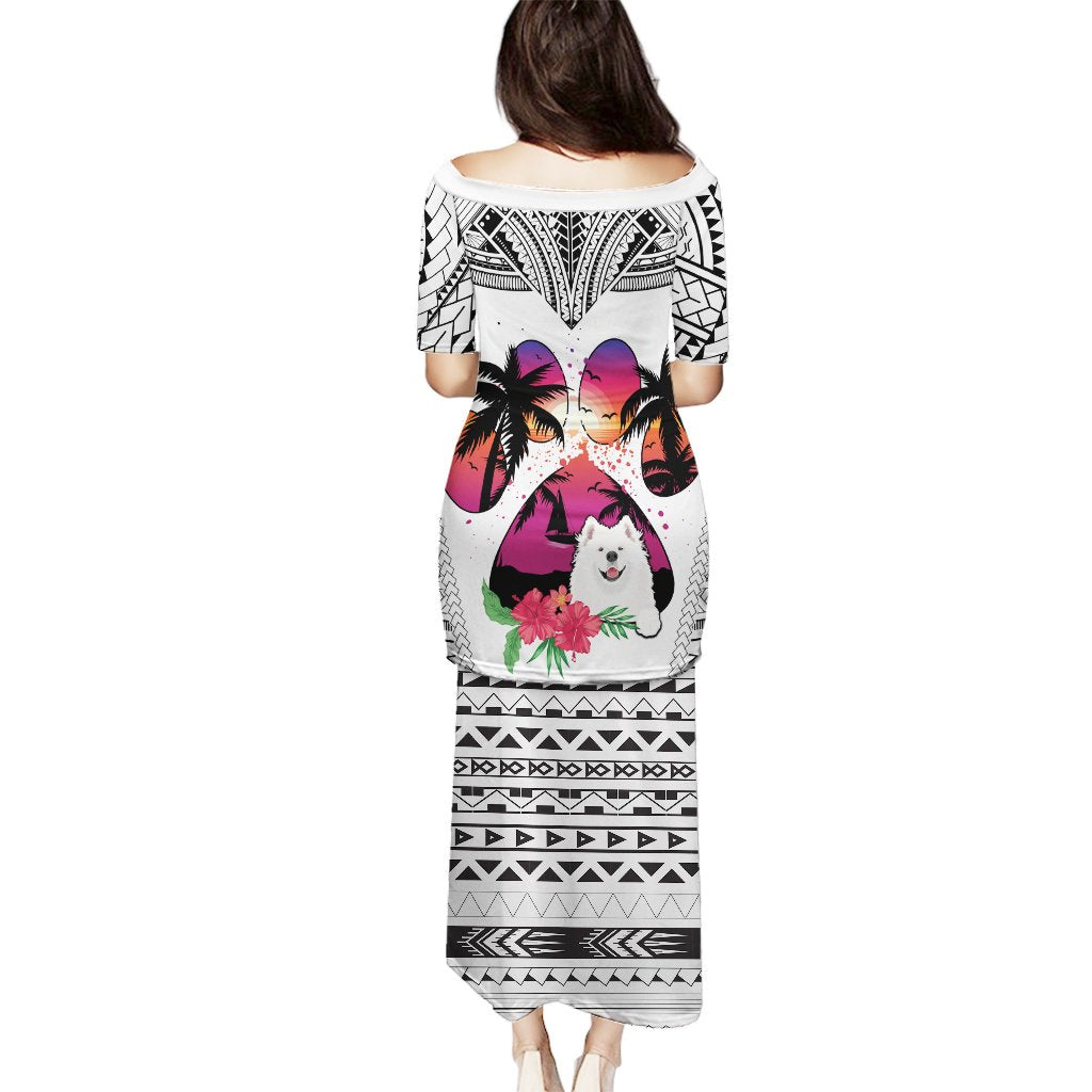 White long off-shoulder puletasi dress with black tribal print and Samoyed dog back graphic