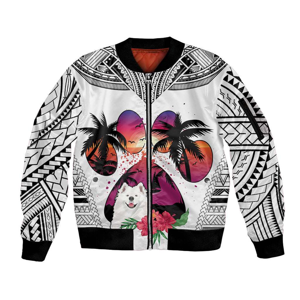 White zip-up bomber jacket with black ribbed cuffs; colorful dog, palms, and tribal pattern