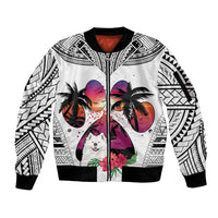White zip-up bomber jacket with black ribbed cuffs; colorful dog, palms, and tribal pattern