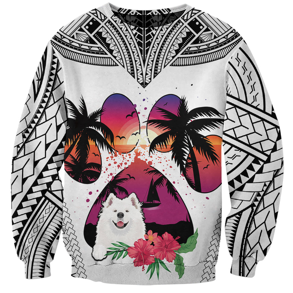 Unisex white crewneck sweatshirt with black tribal patterns and Samoyed dog graphic