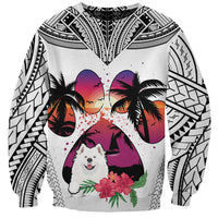 Unisex white crewneck sweatshirt with black tribal patterns and Samoyed dog graphic