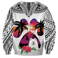 Unisex white crewneck sweatshirt with black tribal sleeves and heart Samoyed print