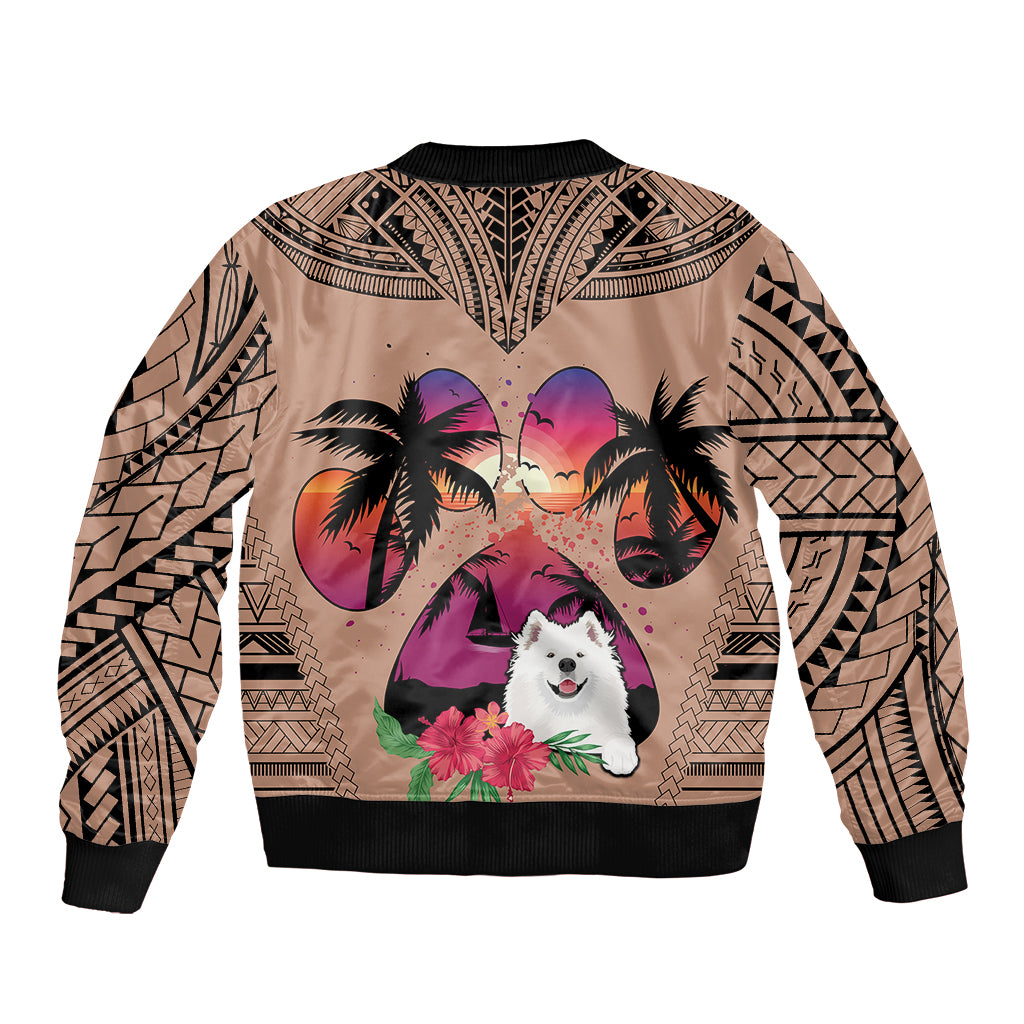 Unisex brown bomber jacket with Polynesian patterns and centered Samoyed dog heart graphic
