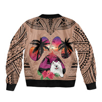 Unisex brown bomber jacket with Polynesian patterns and centered Samoyed dog heart graphic