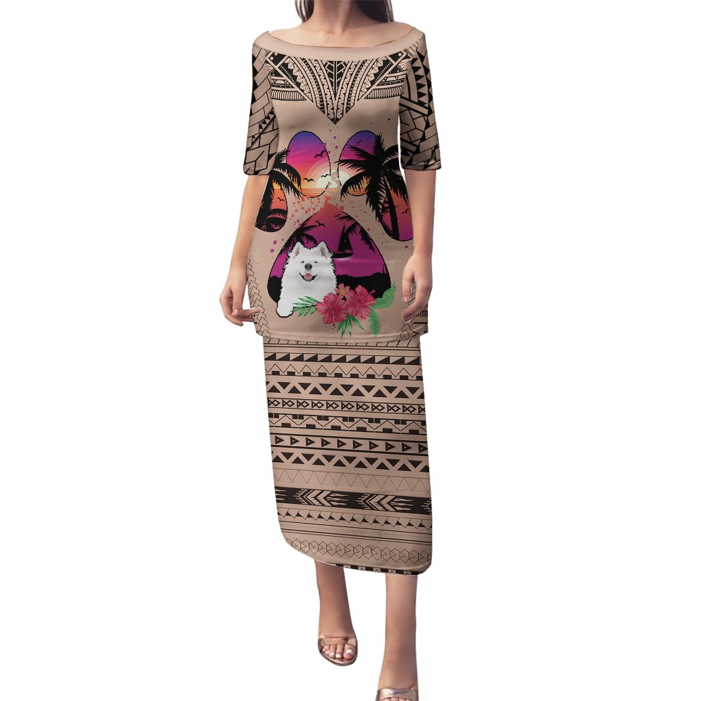 Brown long dress with off-shoulder print, samoyed and palm tree graphic