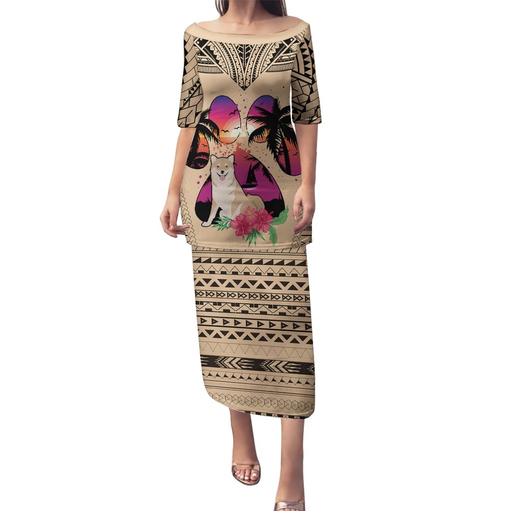 Women’s long puletasi dress, beige with tribal bands and colorful dog graphic, 3/4 sleeve