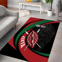 Personalized black area rug with red and green Kenya lion warrior shield design