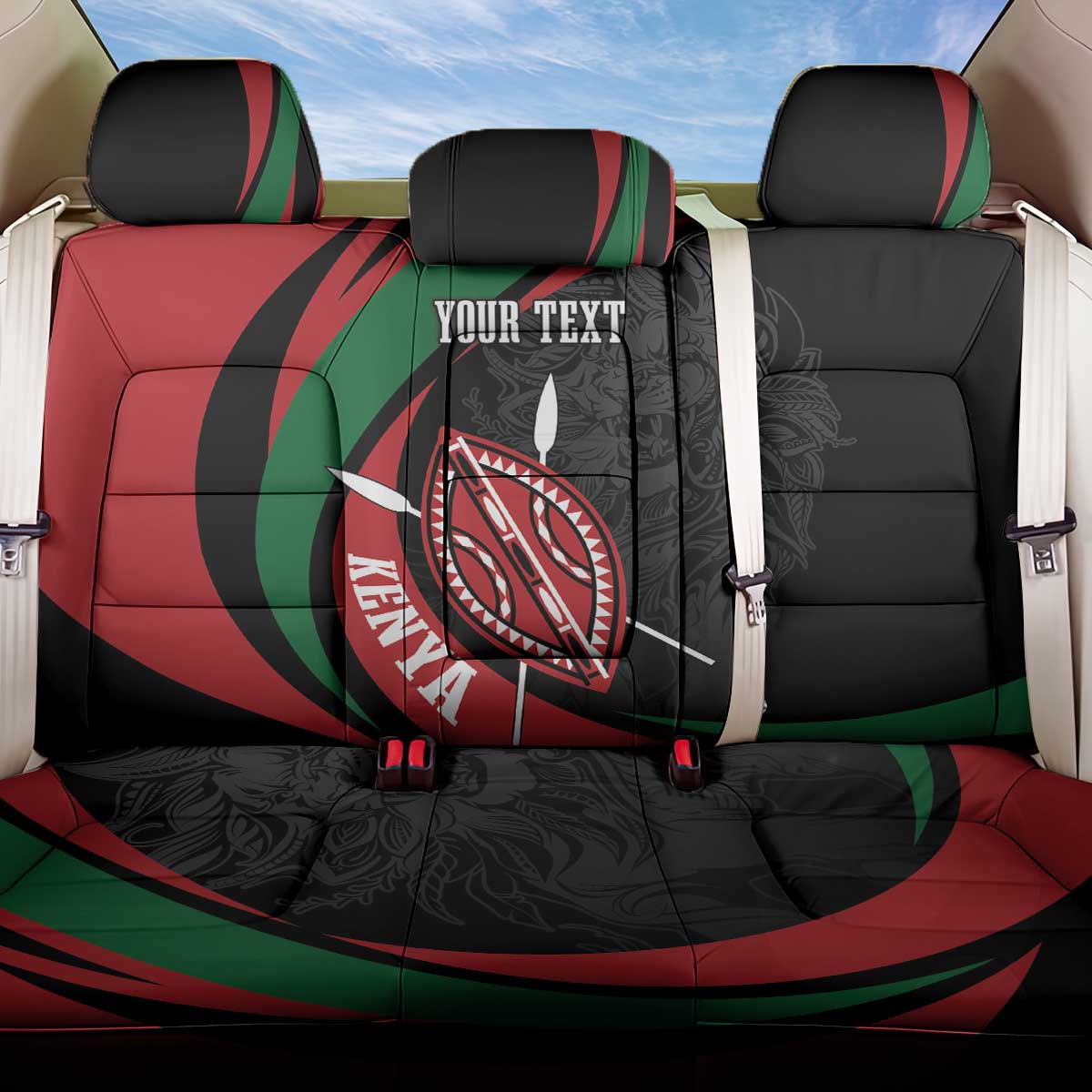 Kenya Mashujaa Day Personalized Back Car Seat Cover Lion Warrior with Masai Shield LT7 - Wonder Print Shop