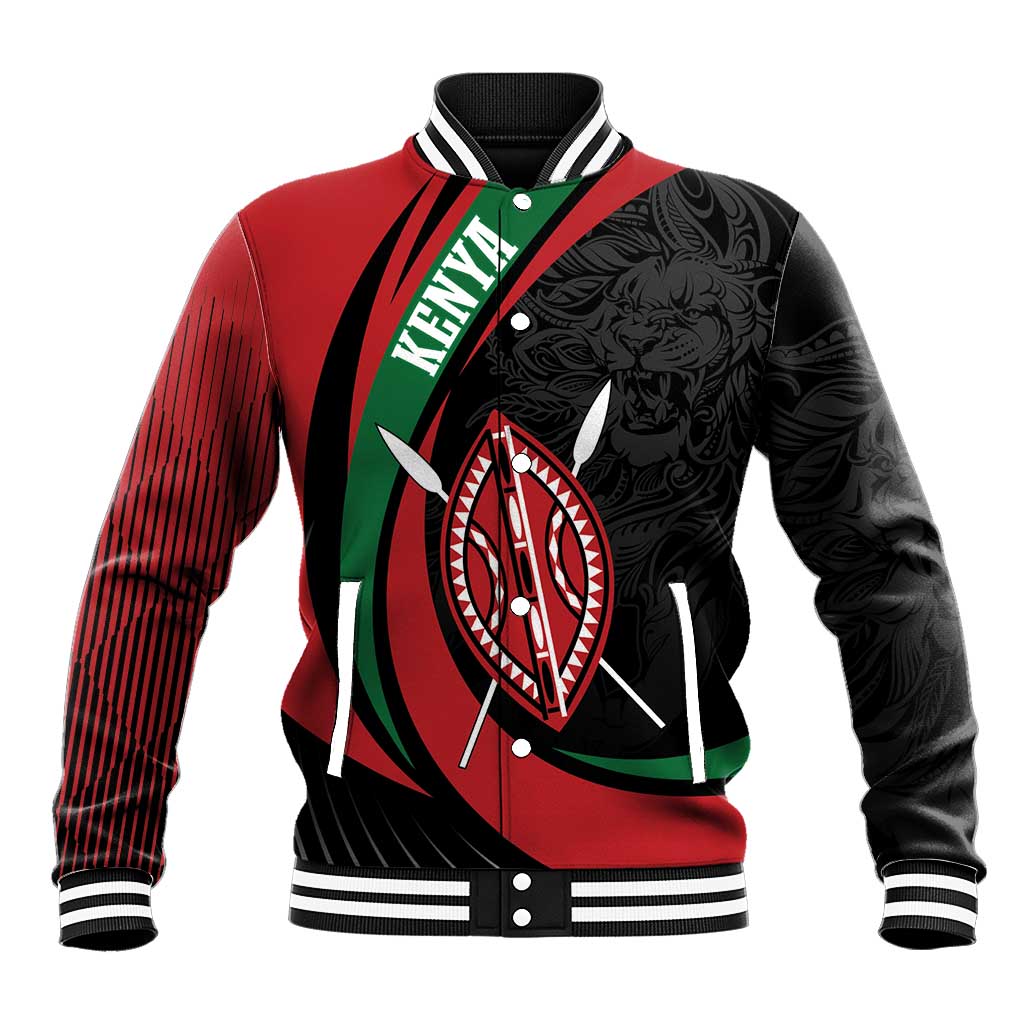 Red, black and green varsity baseball jacket with lion warrior shield and 'KENYA' text