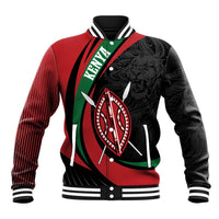 Red, black and green varsity baseball jacket with lion warrior shield and 'KENYA' text