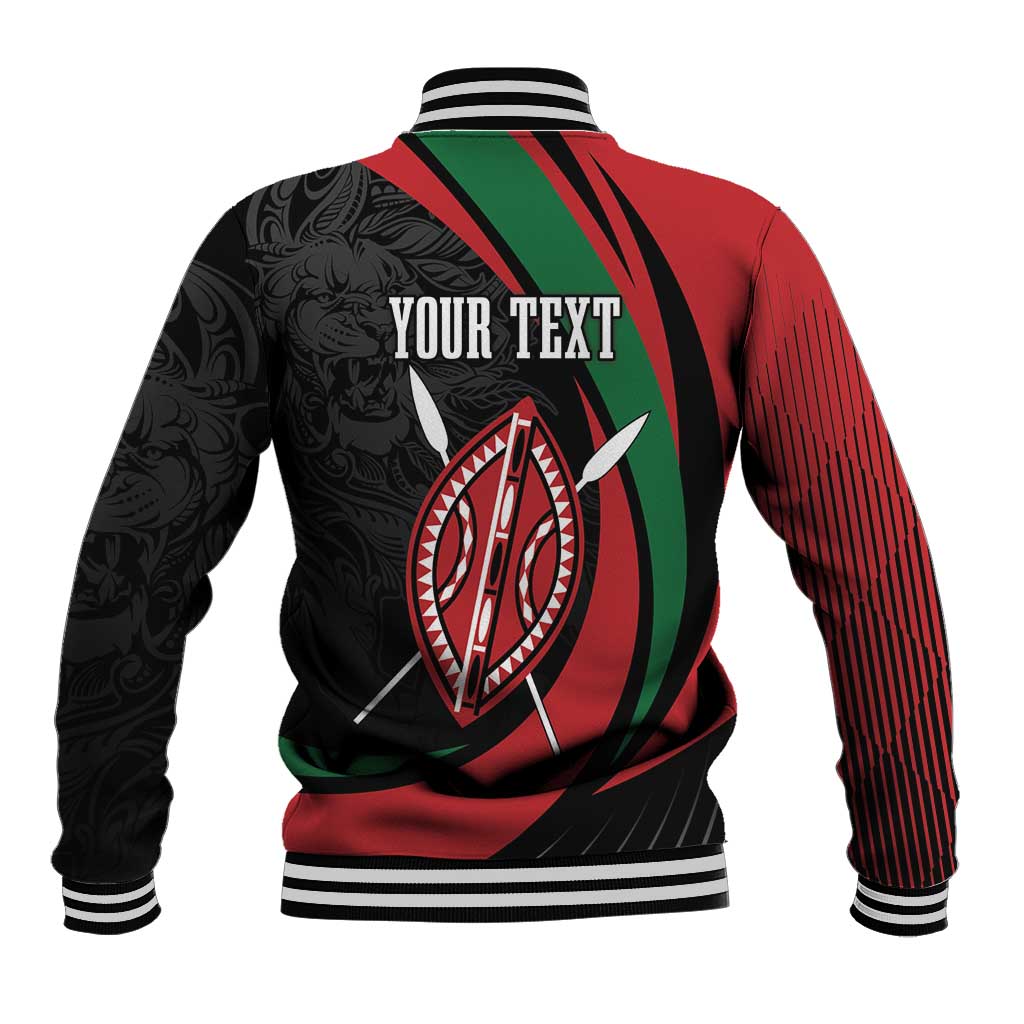 Back of red, black and green varsity baseball jacket with lion warrior shield and 'YOUR TEXT'