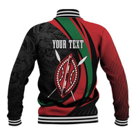 Back of red, black and green varsity baseball jacket with lion warrior shield and 'YOUR TEXT'