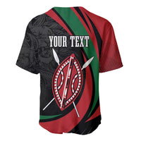 Black baseball jersey with lion warrior graphic, red and green accents, “YOUR TEXT”