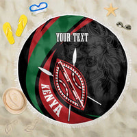 Round black beach blanket with Kenya shield emblem, “YOUR TEXT” center, and white fringe