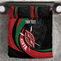 Personalized bedding set with red-green-black stripes, lion warrior shield emblem, 2 pillows