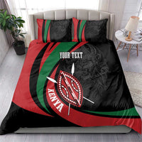 Personalized bedding set with red-green-black stripes, lion warrior shield emblem, duvet and 2 pillows