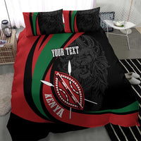 Personalized bedding set with bold red-green-black stripes and lion warrior shield emblem on duvet