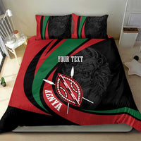 Personalized bedding set on bed with red-green-black stripes, lion warrior shield emblem, 2 pillows