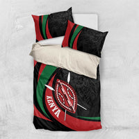 Personalized bedding set with red-green-black stripes, lion warrior shield emblem, duvet and 2 pillows