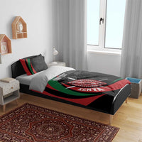 Personalized bedding set with red-green-black stripes and lion warrior shield emblem on duvet, 2 pillows