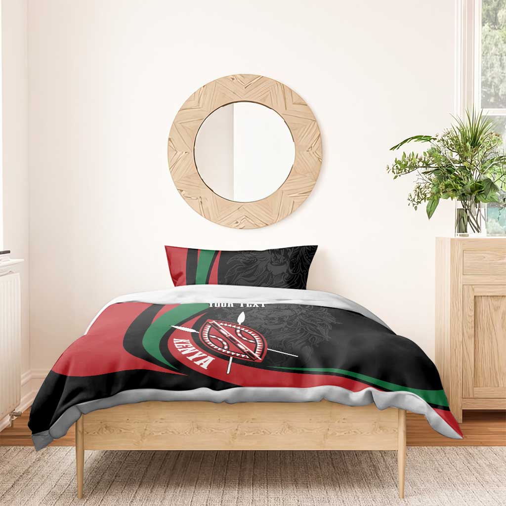 Personalized bedding set with red-green-black stripes, lion warrior shield emblem on duvet, 1 pillow
