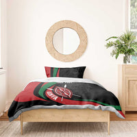 Personalized bedding set with red-green-black stripes, lion warrior shield emblem on duvet, 1 pillow