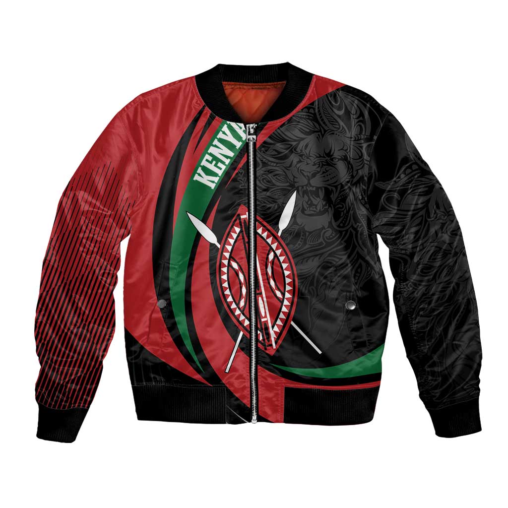 Unisex bomber jacket with lion emblem, zip front, red black green panels, ribbed cuffs