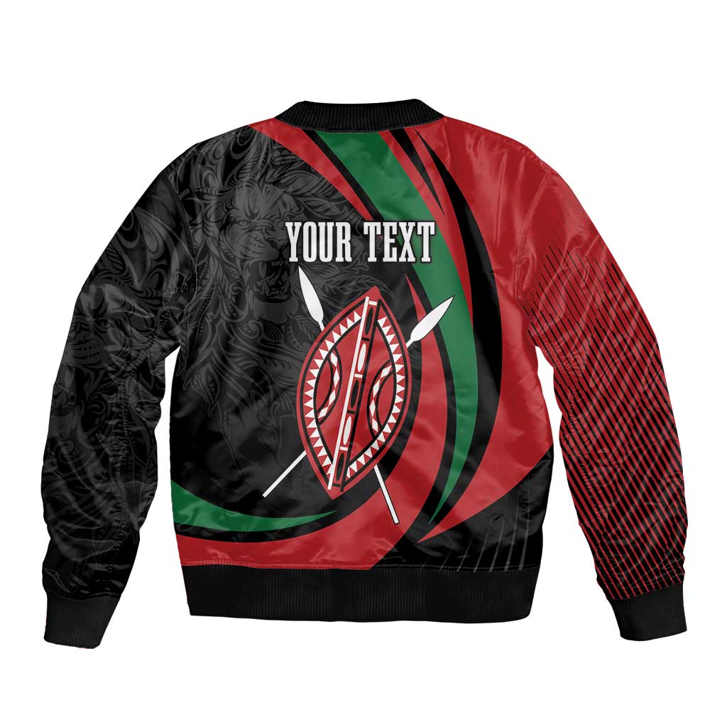 Unisex bomber jacket back with 'YOUR TEXT', lion emblem, red black green panels