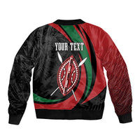Unisex bomber jacket back with 'YOUR TEXT', lion emblem, red black green panels