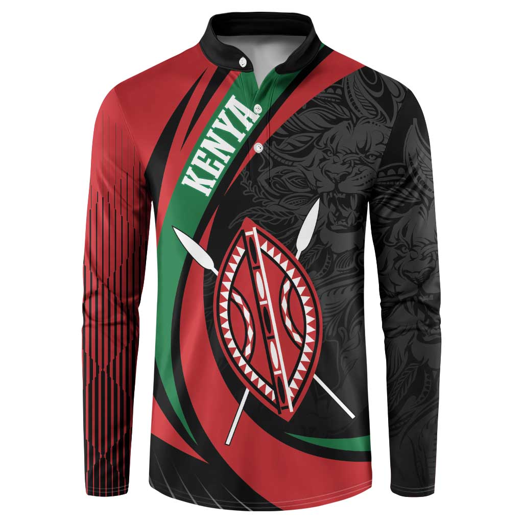 Button sweatshirt with lion and shield artwork, red front with black patterned sleeves