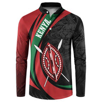 Button sweatshirt with lion and shield artwork, red front with black patterned sleeves