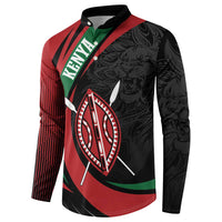 Button-up sweatshirt with Kenya lion and shield print, red body with black and green accents