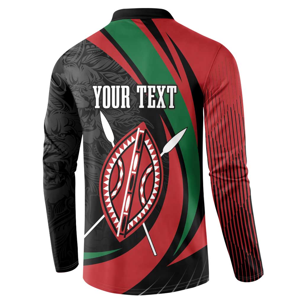 Button sweatshirt back with large “YOUR TEXT” and lion shield graphic, red and black
