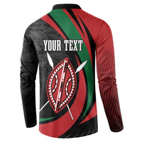 Button sweatshirt back with large “YOUR TEXT” and lion shield graphic, red and black