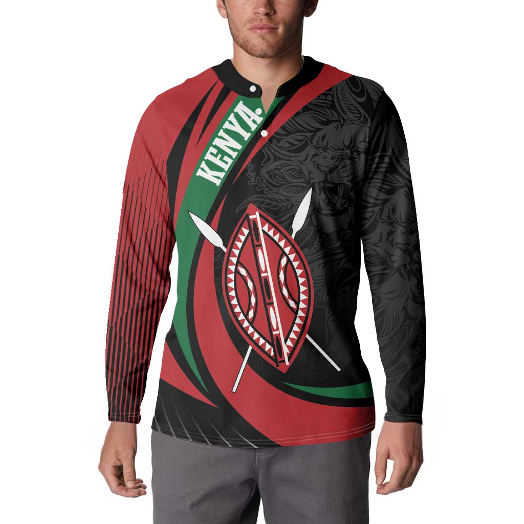 Button sweatshirt with Kenya lion and shield graphic, black sleeves and red/green front