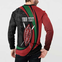 Button sweatshirt back showing “YOUR TEXT” and lion shield graphic, red and black sleeves