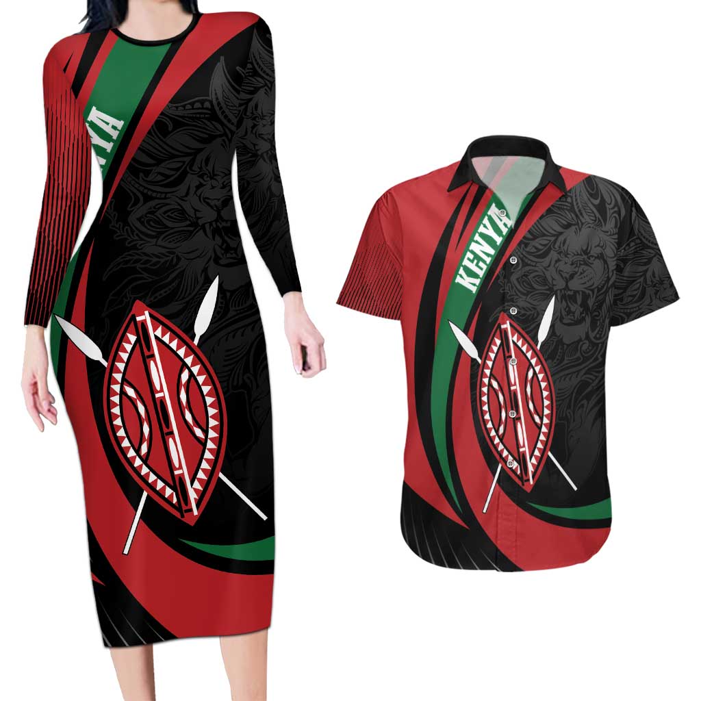 Kenya Mashujaa Day Personalized Couples Matching Long Sleeve Bodycon Dress and Hawaiian Shirt Lion Warrior with Masai Shield LT7 - Wonder Print Shop