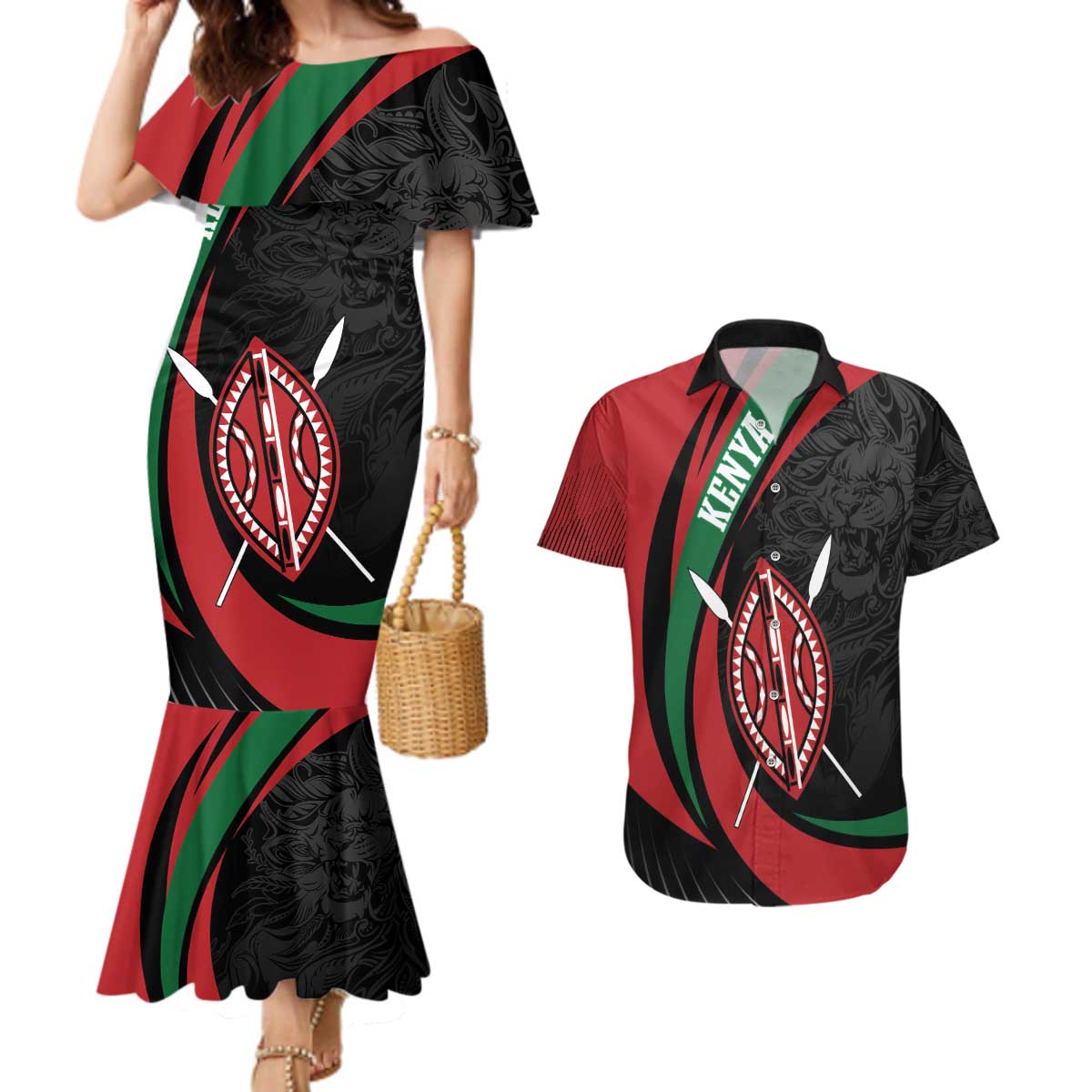 Kenya Mashujaa Day Personalized Couples Matching Mermaid Dress and Hawaiian Shirt Lion Warrior with Masai Shield LT7 - Wonder Print Shop