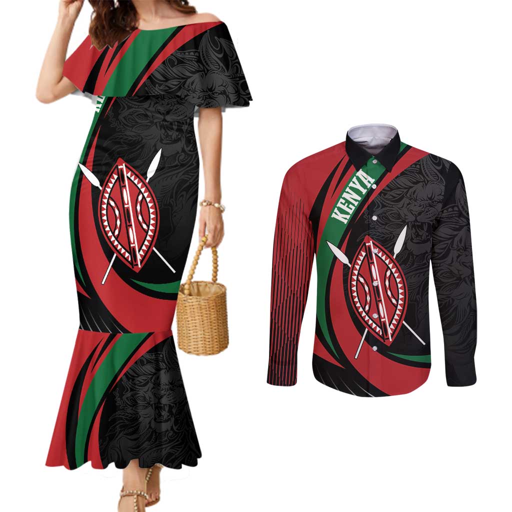 Kenya Mashujaa Day Personalized Couples Matching Mermaid Dress and Long Sleeve Button Shirt Lion Warrior with Masai Shield