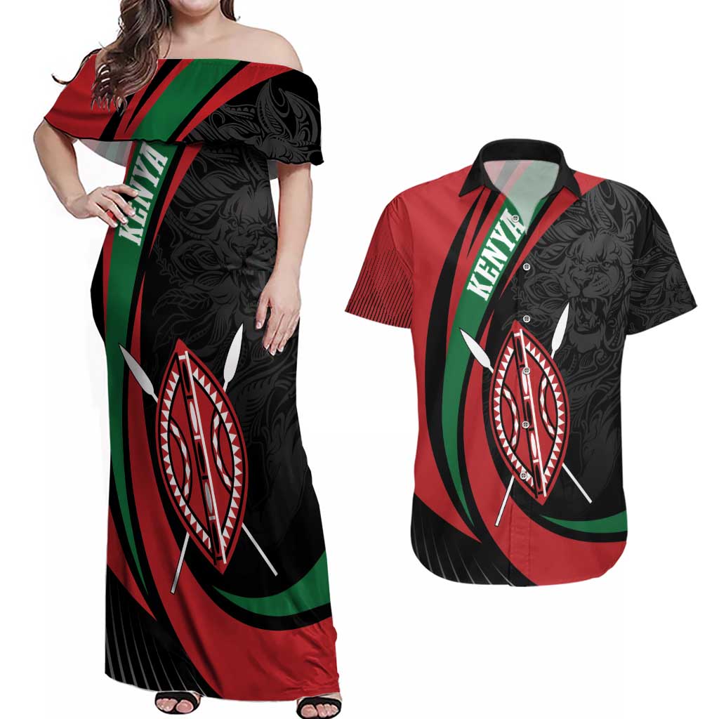 Kenya Mashujaa Day Personalized Couples Matching Off Shoulder Maxi Dress and Hawaiian Shirt Lion Warrior with Masai Shield LT7 - Wonder Print Shop