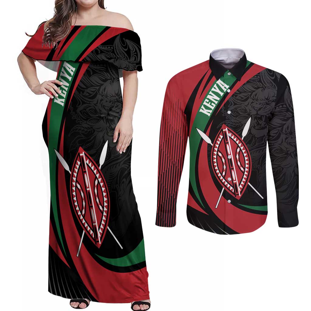 Kenya Mashujaa Day Personalized Couples Matching Off Shoulder Maxi Dress and Long Sleeve Button Shirt Lion Warrior with Masai Shield LT7 - Wonder Print Shop