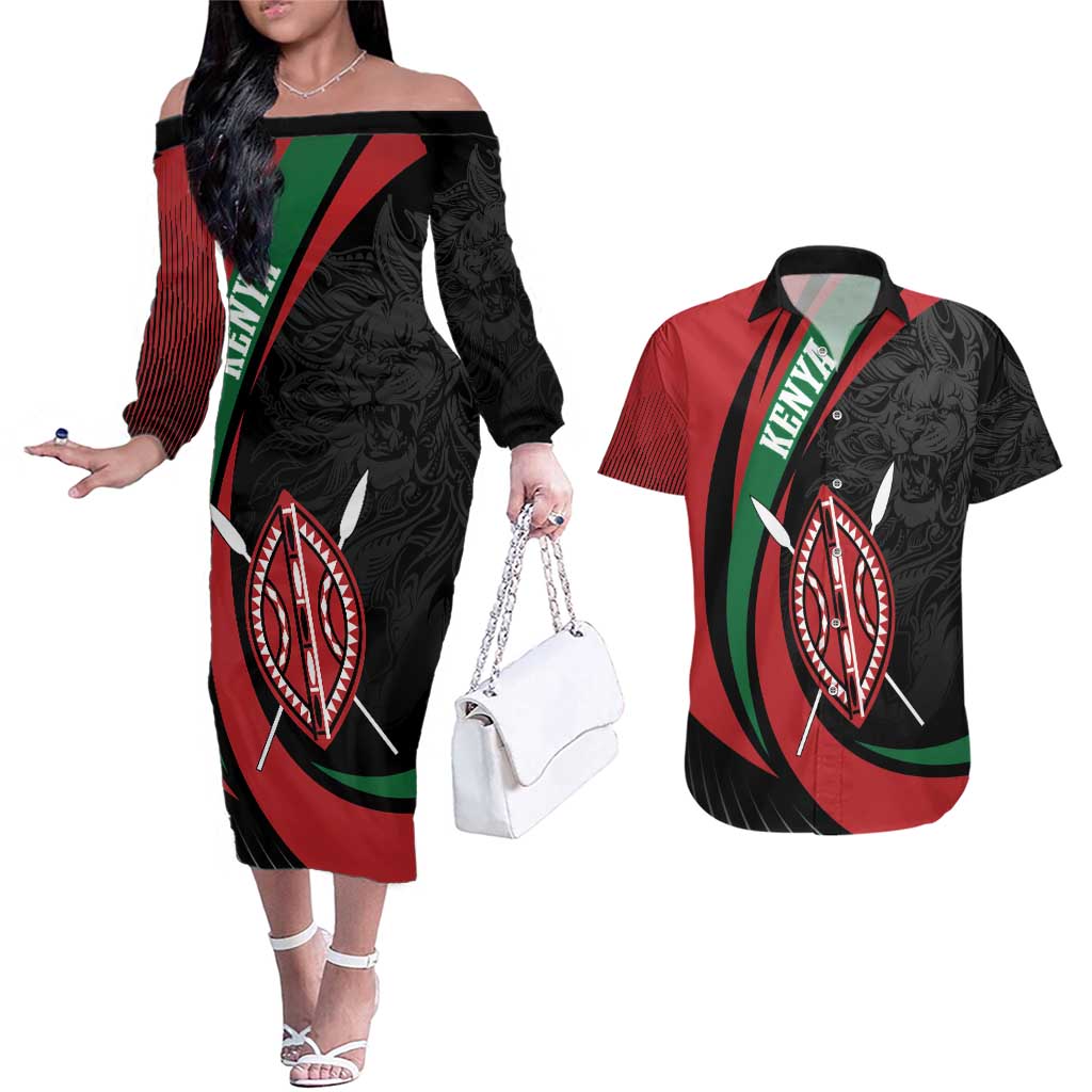 Kenya Mashujaa Day Personalized Couples Matching Off The Shoulder Long Sleeve Dress and Hawaiian Shirt Lion Warrior with Masai Shield LT7 - Wonder Print Shop