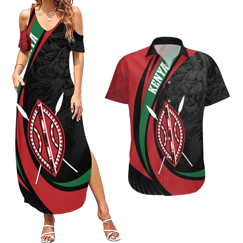 Kenya Mashujaa Day Personalized Couples Matching Summer Maxi Dress and Hawaiian Shirt Lion Warrior with Masai Shield LT7 - Wonder Print Shop