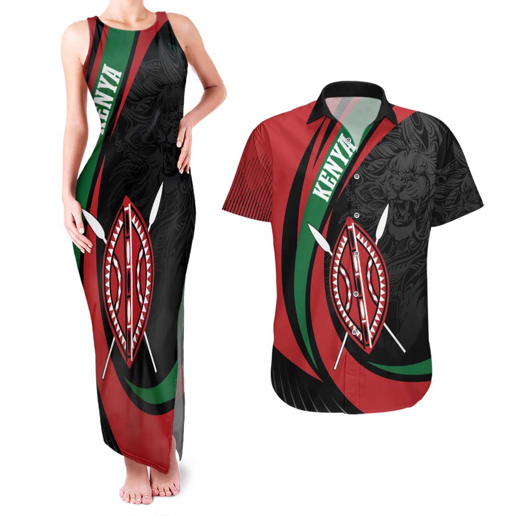 Kenya Mashujaa Day Personalized Couples Matching Tank Maxi Dress and Hawaiian Shirt Lion Warrior with Masai Shield LT7 - Wonder Print Shop