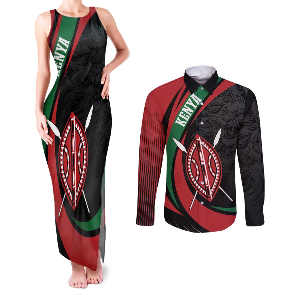 Kenya Mashujaa Day Personalized Couples Matching Tank Maxi Dress and Long Sleeve Button Shirt Lion Warrior with Masai Shield LT7 - Wonder Print Shop