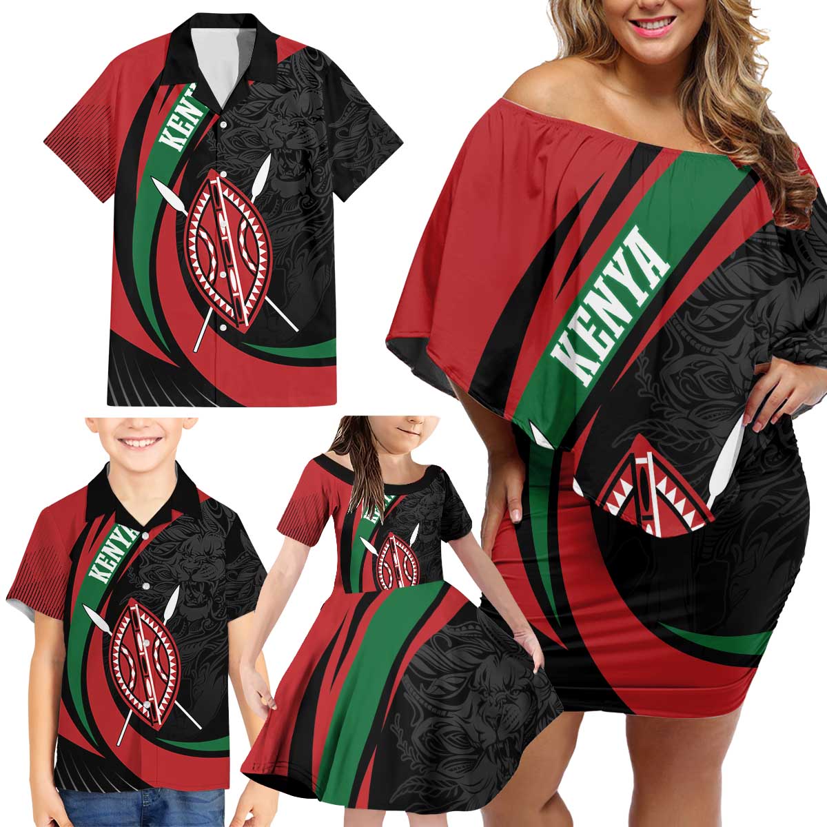 Kenya Mashujaa Day Personalized Family Matching Off Shoulder Short Dress and Hawaiian Shirt Lion Warrior with Masai Shield LT7 - Wonder Print Shop