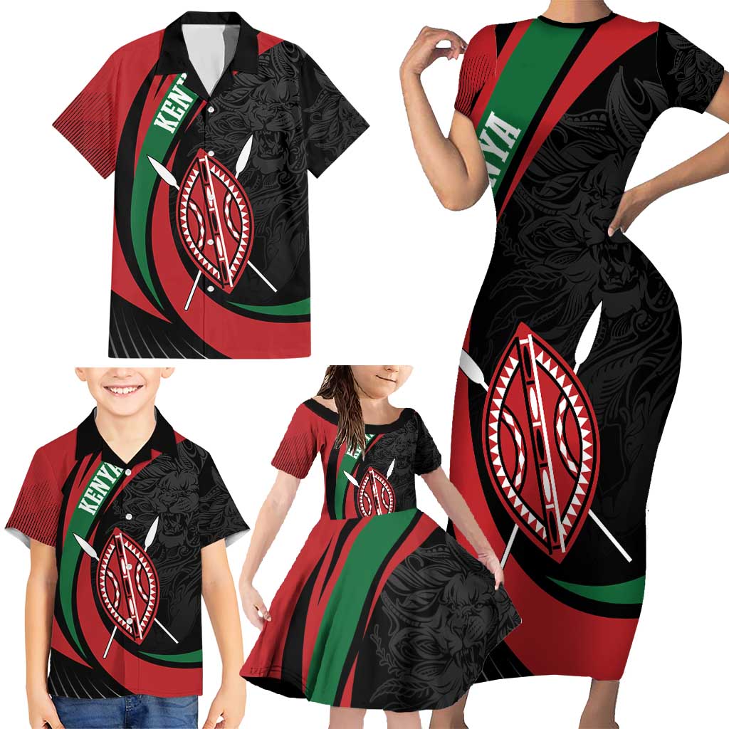 Kenya Mashujaa Day Personalized Family Matching Short Sleeve Bodycon Dress and Hawaiian Shirt Lion Warrior with Masai Shield - Wonder Print Shop